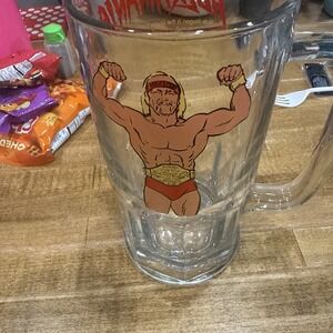WWF WWE Hulk Hogan HULKAMANIA 1985 Vntg Large Glass Beer Mug 32oz Titan Sports